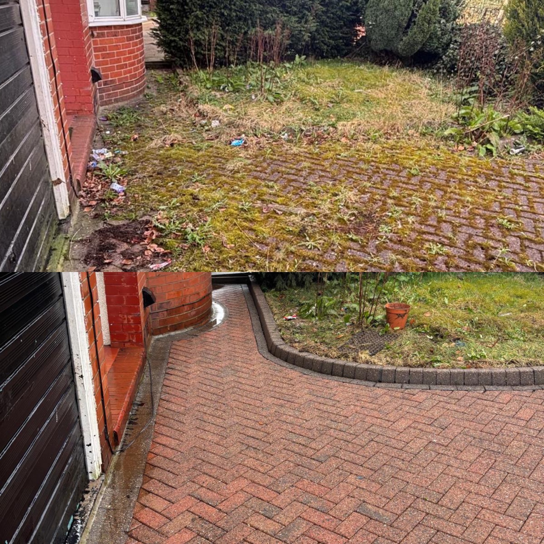 Overgrown side yard restored to red block paving