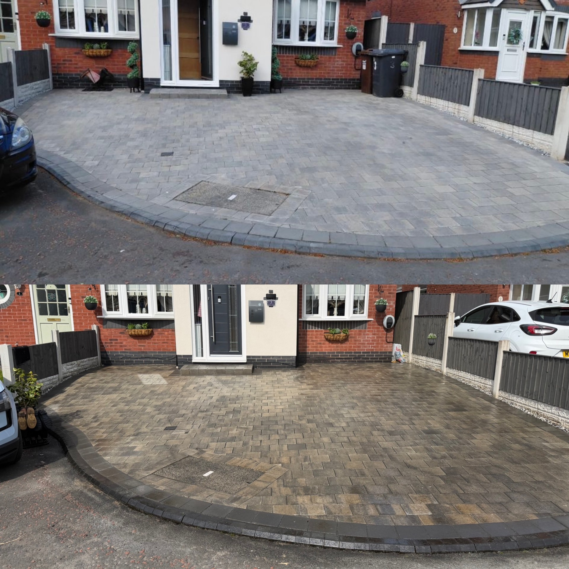 Block paving driveway, before and after pressure wash