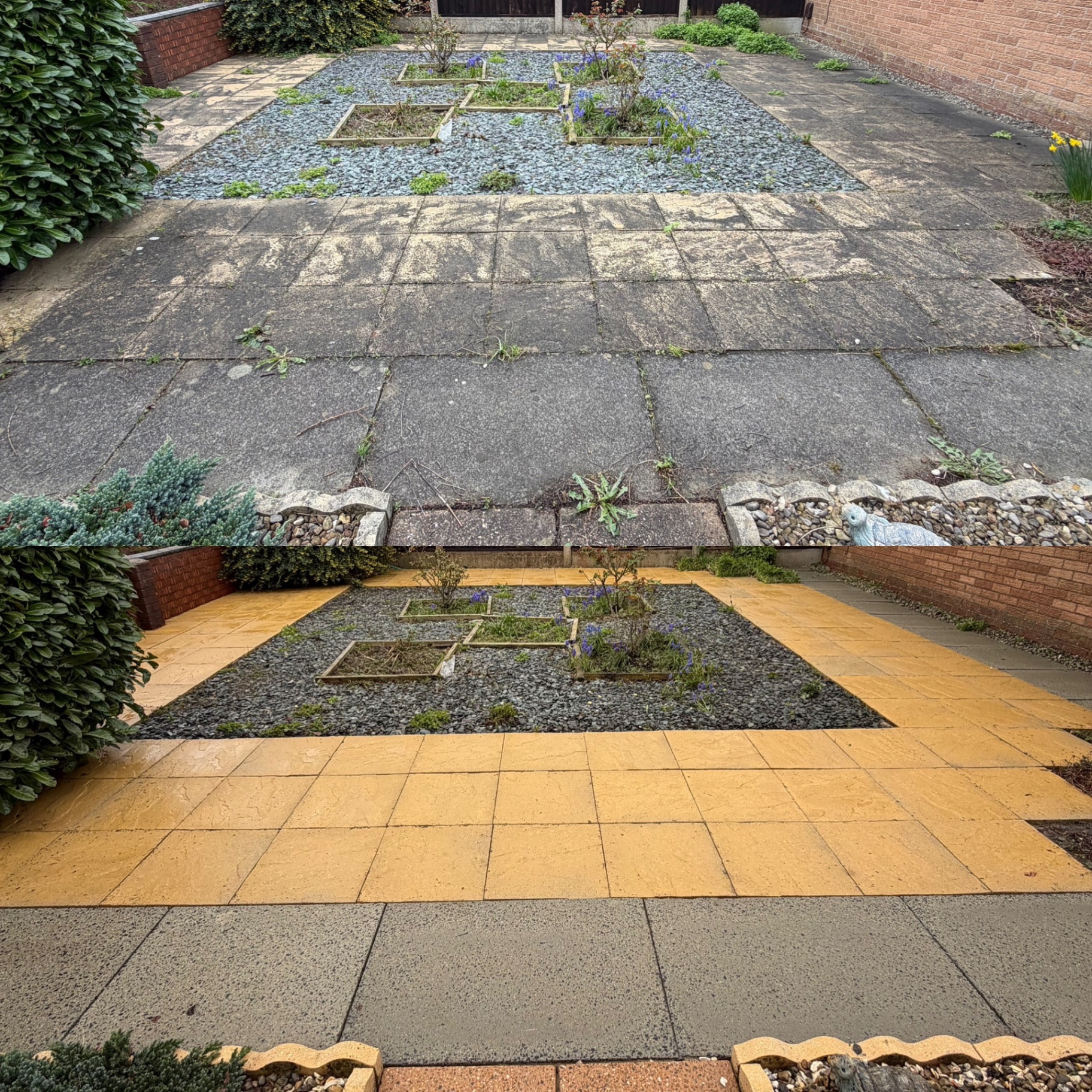 Yellow paving slabs restored from grey and mossy